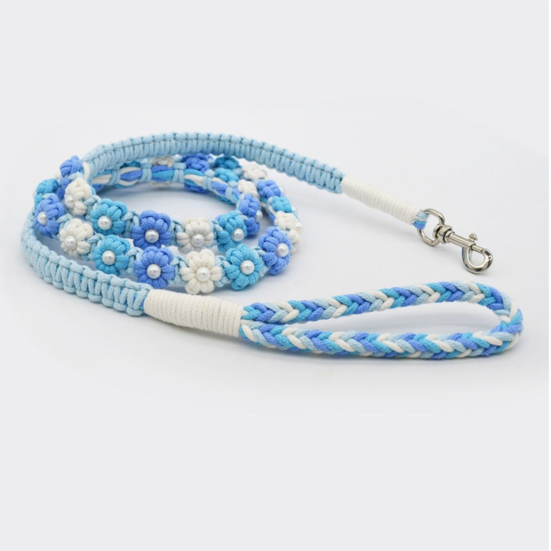 Floral Braided Dog Leash Blue