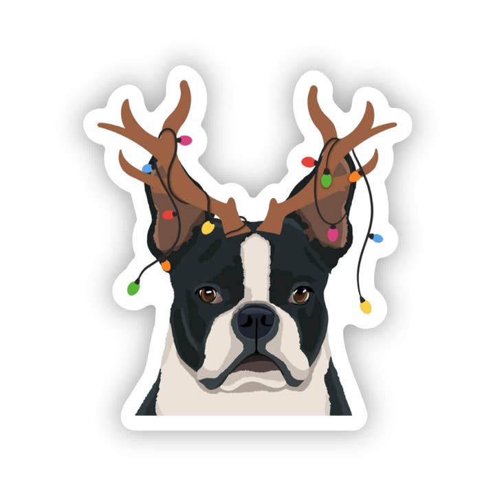 Boston Terrier Christmas Reindeer Sticker